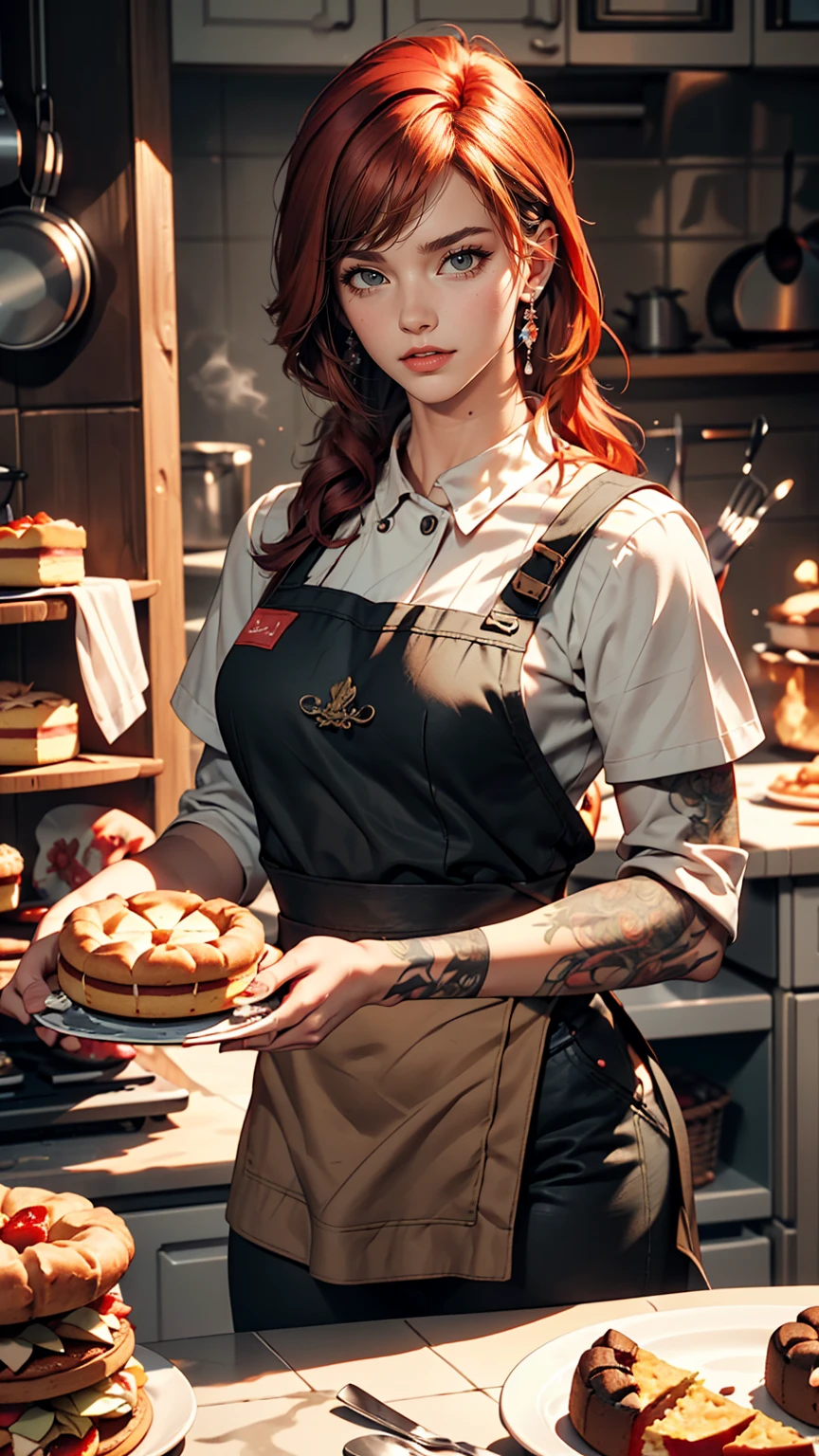 Woman with tattoos, (([red|black] hair)), long hair, wearing a black apron,  cooking, View the viewer, kitchen, Cakes and pies on the background,  indoor, (Calm tone:1.0), (High resolution:1.25), (Art Station:1.2), dramatic, (Intricate details:1.14), (Ultra-realistic 3D rendering:1.16), (Movie:0.55), (Rutkowski:1.1), (Faded:1.3)