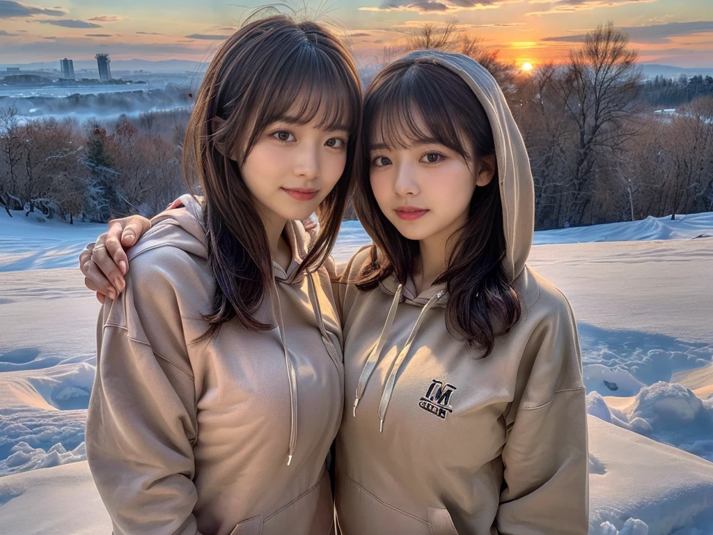 ((top-quality、8K、masterpiece:1.3))、1girl in、Beautiful woman standing on snowy mountain:1.3、(brown long-haired、Colossal tits:1.4)、(Big Silhouette M51 Field Hoodie:1.5)、Super delicate face、Delicat eyes、double eyelid、Close-up of upper body from below、Sunset、(2girls)