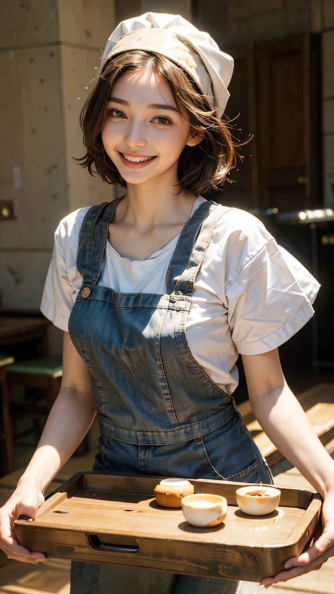 highest quality, masterpiece, Ultra-high resolution,8k, (Realistic:1.6), (Facing portraits) RAW Photos, 1 girl,(Full of smiles, Showing teeth)), 22 years old,((Cafe latte on a tray)),((Apron uniform)),((short hair)),((Bandana on head)),((Looking up at the audience)),Face Focus:1.4,((Cafe kitchen background)), Image Media Chest)),((Smiling with teeth showing)),