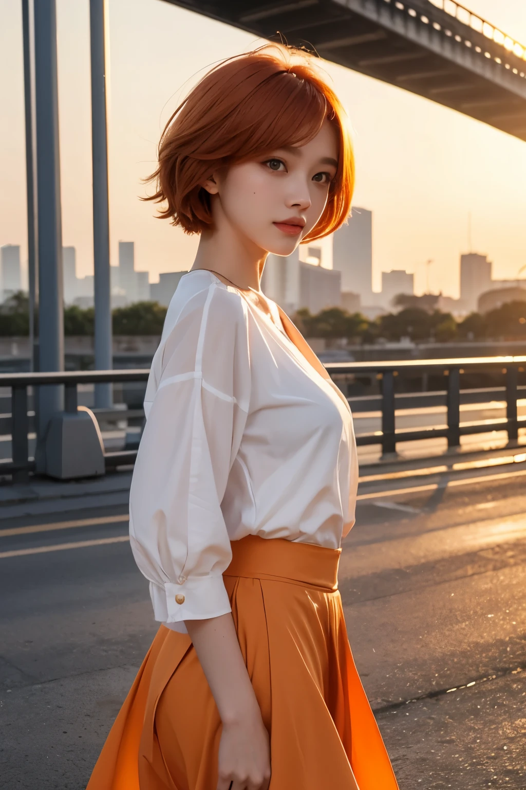 whole body、Friendly faces、1 pretty girl、blouse、skirt、pedestrian bridge、skyscraper、sunset、complex background、detailed hair、light orange hair、dim lighting、short hair length、There is movement