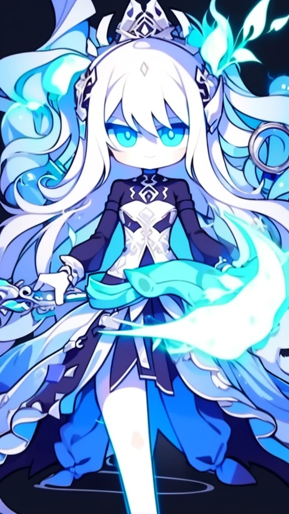  girl，k hd，4K，face expressionless，style of anime，sideface，blue color eyes，white color hair,((full body)),Confused eyes,(default character)SD character, masterpiece,best quality,ultra detailed,4K,super fine illustration,highly detailed beautiful face and eyes,cyan color scheme, lighting,fantasy,extremely solemn atmosphere,long hair,floating hair,smirk,fighting stance,dynamic pose,(holding glowing sword:1.3),particle light,luminescence,plasma,electric current,blue flame,sense of depth,dynamic angle,