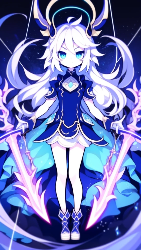  girl，k hd，4K，face expressionless，style of anime，sideface，blue color eyes，white color hair,((full body)),Confused eyes,(default character)SD character, masterpiece,best quality,ultra detailed,4K,super fine illustration,highly detailed beautiful face and eyes,cyan color scheme, lighting,fantasy,extremely solemn atmosphere,long hair,floating hair,smirk,fighting stance,dynamic pose,(holding glowing sword:1.3),particle light,luminescence,plasma,electric current,blue flame,sense of depth,dynamic angle,