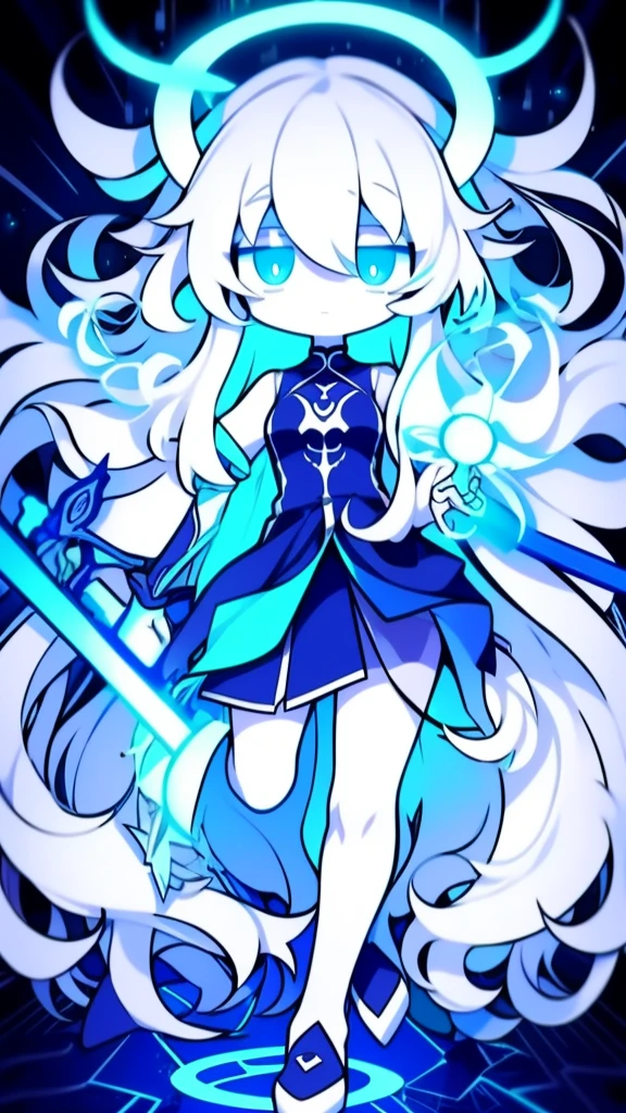  girl，k hd，4K，face expressionless，style of anime，sideface，blue color eyes，white color hair,((full body)),Confused eyes,(default character)SD character, masterpiece,best quality,ultra detailed,4K,super fine illustration,highly detailed beautiful face and eyes,cyan color scheme, lighting,fantasy,extremely solemn atmosphere,long hair,floating hair,smirk,fighting stance,dynamic pose,(holding glowing sword:1.3),particle light,luminescence,plasma,electric current,blue flame,sense of depth,dynamic angle,
