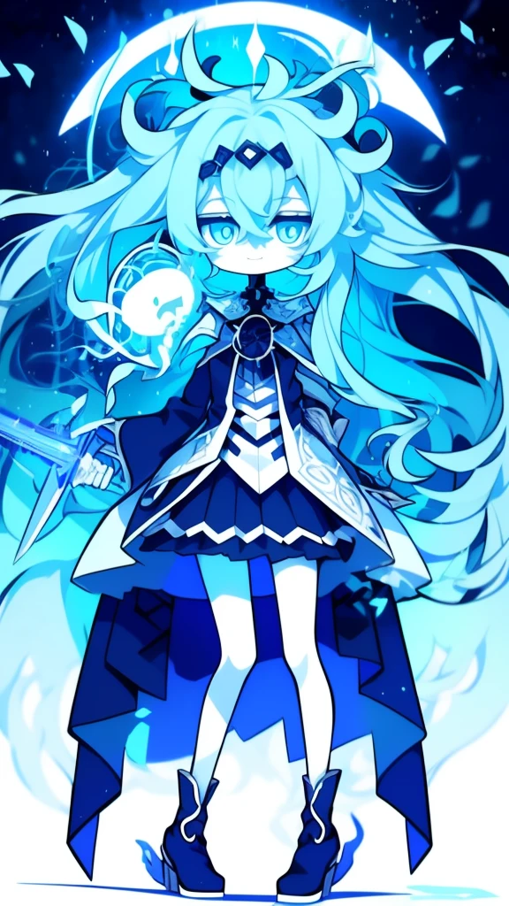 girl,k hd,4K,face expressionless,style of anime,sideface,blue color eyes,white color hair,((full body)),Confused eyes,(default character)SD character, masterpiece,best quality,ultra detailed,4K,super fine illustration,highly detailed beautiful face and eyes,cyan color scheme, lighting,fantasy,extremely solemn atmosphere,long hair,floating hair,smirk,fighting stance,dynamic pose,(holding glowing sword:1.3),particle light,luminescence,plasma,electric current,blue flame,sense of depth,dynamic angle,