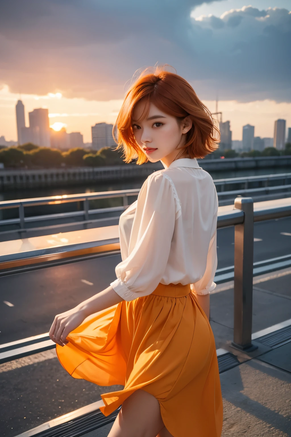 whole body、Friendly faces、1 pretty girl、blouse、skirt、pedestrian bridge、skyscraper、sunset、complex background、detailed hair、light orange hair、dim lighting、short hair length、There is movement