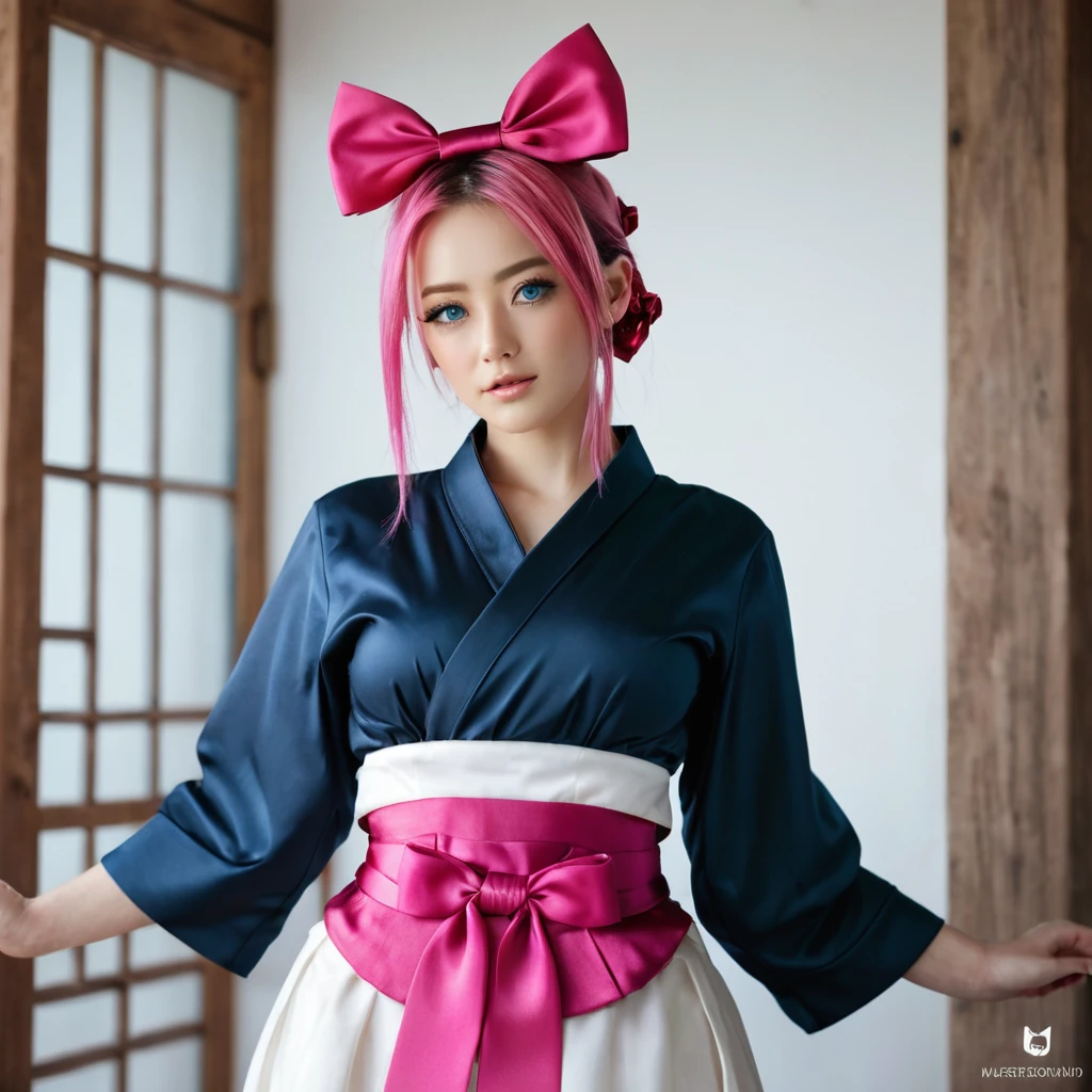 (finely detailed beautiful eyes and detailed face,masterpiece sidelighting,masterpiece,best quality,detailed,high resolution illustration),, (1girl,whole body, lustrous skin,looking down,looking at viewer),, (pink hair,blue eyes,ribbon,hanbok, bdsm clothes), (clothed_underbust:1.2),underboob