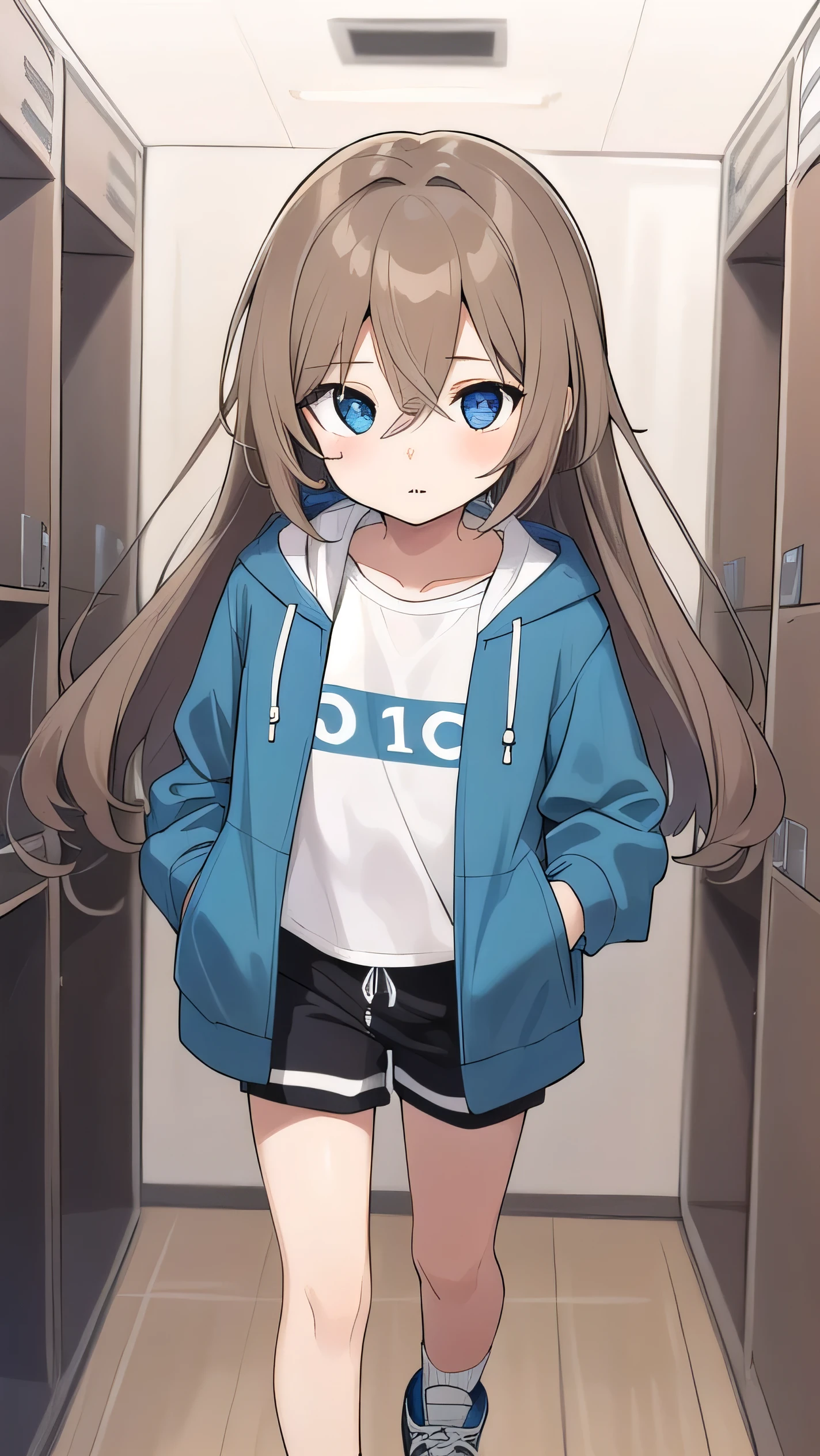 Girl, ( light brown hair :1.5), (black eyes:1.1), (big eyes: 1.1), (sagging eyes: 1.5), (very long hair:1.1), hair between eyes, cyan long-sleeved hoodie, white T-shirt, dark blue shorts, white sneakers, (flat chest), (straight hair), very short, only , droopy eyes, wearing a jacket, 11 years old, wearing a jacket,, (short height:1.3), young face , sleepy face, smooth straight hair, locker room,