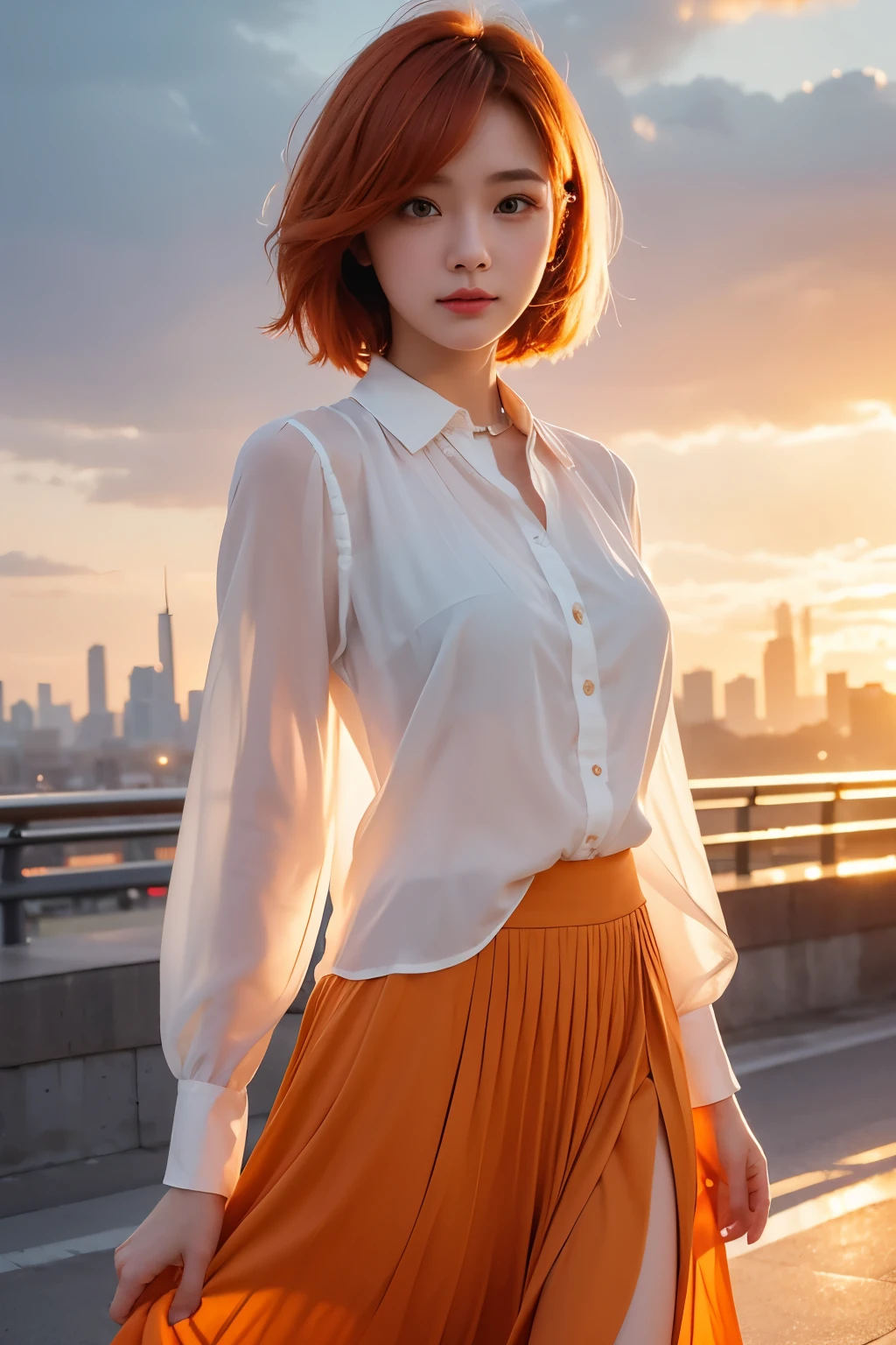 whole body、Friendly faces、1 pretty girl、blouse、skirt、pedestrian bridge、skyscraper、sunset、complex background、detailed hair、light orange hair、dim lighting、short hair length、There is movement