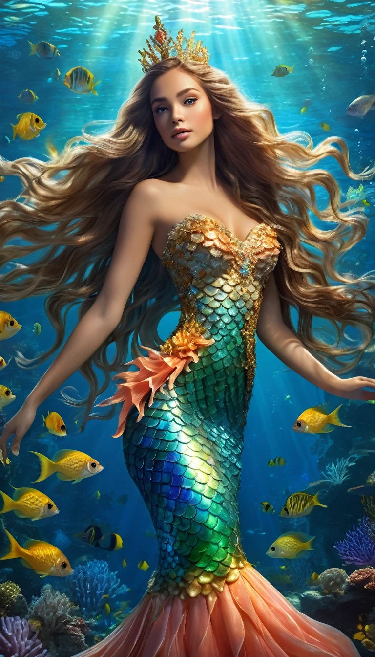 a beautiful mermaid princess, long flowing hair, detailed face features, luminous scales, underwater scene, coral reef, schools of tropical fish, shafts of sunlight, golden crown, flowing gown, serene expression, photorealistic, highly detailed, intricate, cinematic lighting, vivid colors, fantasy art