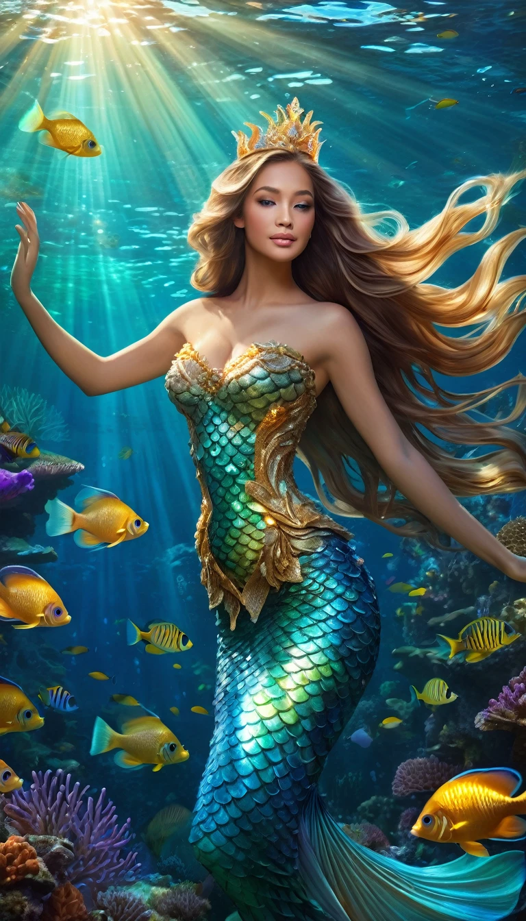 a beautiful mermaid princess, long flowing hair, detailed face features, luminous scales, underwater scene, coral reef, schools of tropical fish, shafts of sunlight, golden crown, flowing gown, serene expression, photorealistic, highly detailed, intricate, cinematic lighting, vivid colors, fantasy art