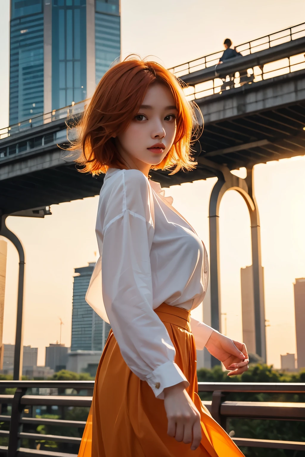 whole body、Friendly faces、1 pretty girl、blouse、skirt、pedestrian bridge、skyscraper、sunset、complex background、detailed hair、light orange hair、dim lighting、short hair length、There is movement