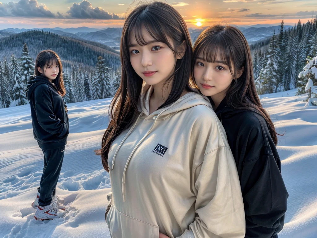((top-quality、8K、​masterpiece:1.3))、1girl in、Beautiful woman standing on snowy mountain:1.3、(brown long-haired、Colossal tits:1.4)、(Big Silhouette M51 Field Hoodie:1.5)、Super delicate face、Delicat eyes、double eyelid、Close-up of upper body from below、Sunset、(2girls)