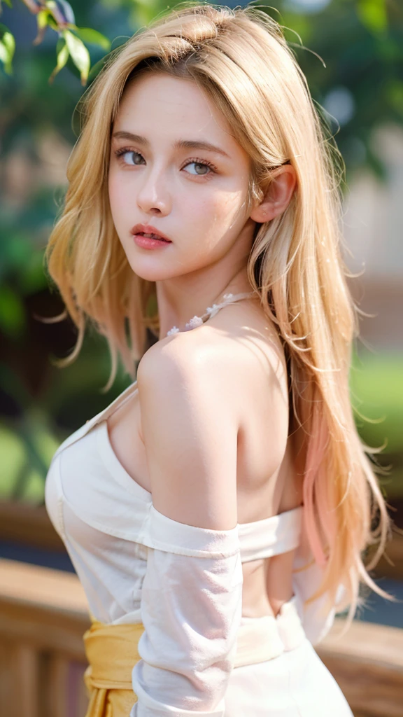 masterpiece(Supergirl), best quality, 1girl, looking at viewer, hinata\(shippuden\), parted lips, wind lift, bottomless, purple fabric kebaya,blonde hair, long hair, white eyes, solid eyes, big breast masterpiece, absurdres)1girl, solo,mature female, off-shoulder oversized shirt, looking at viewer, (falling petals), perfect composition, detailed lips, big breast, beautiful face, body propotion, blush, (pink lips), long hair, blue eyes, soft gaze, super realistic, detailed, photoshoot, realistic face and body, back view