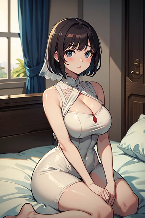 masterpiece, best quality, (((Large Breasts、Breast sagging、Low-cut,Cleavage,Wide hips,))((Hourglass figure))beautiful, I married my friend's mother.