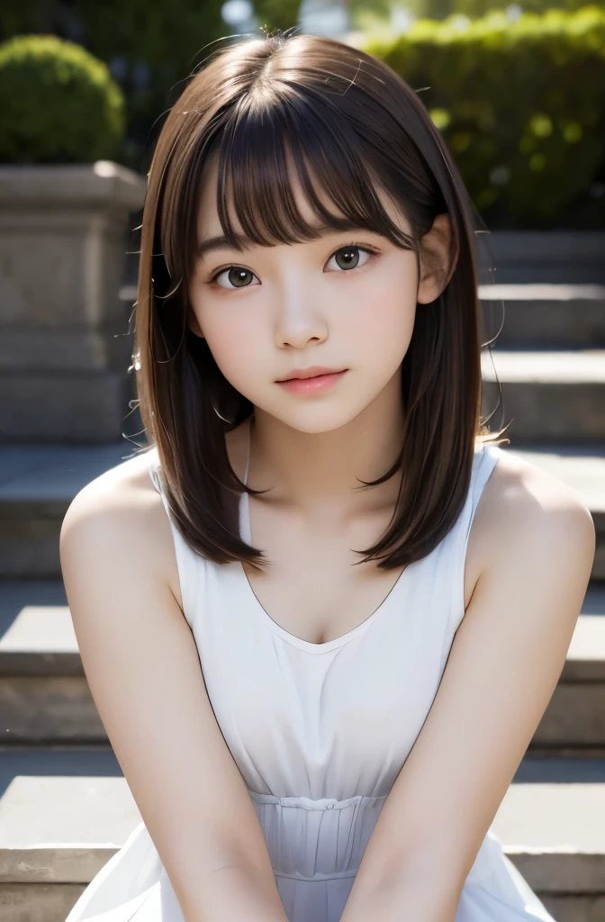 highest quality,Photo quality,Ultra-high resolution,Professional Lighting,,Beautiful face like an actress,With bangs,Sit on the stone steps