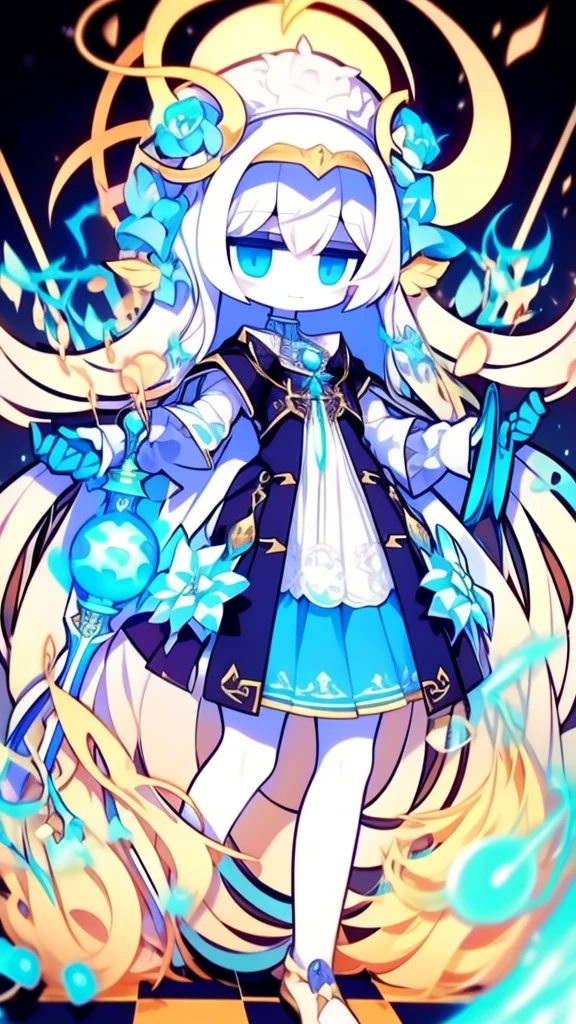 girl,k hd,4K,face expressionless,style of anime,sideface,blue color eyes,white color hair,((full body)),Confused eyes,(default character)SD character, masterpiece,best quality,ultra detailed,4K,super fine illustration,highly detailed beautiful face and eyes,cyan color scheme, lighting,fantasy,extremely solemn atmosphere,long hair,floating hair,smirk,fighting stance,dynamic pose,(holding glowing sword:1.3),particle light,luminescence,plasma,electric current,blue flame,sense of depth,dynamic angle,