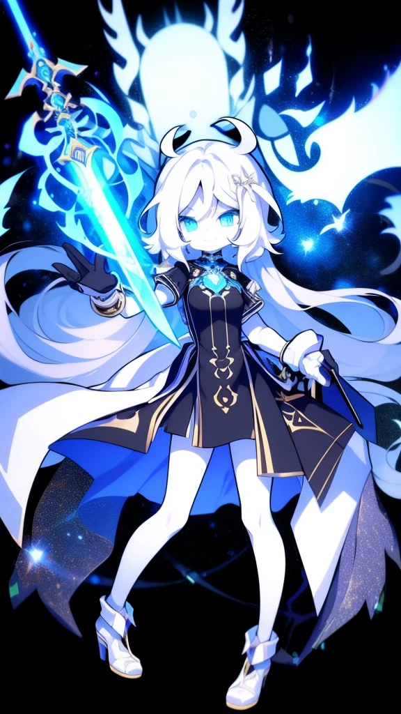  girl，k hd，4K，face expressionless，style of anime，sideface，blue color eyes，white color hair,((full body)),Confused eyes,(default character)SD character, masterpiece,best quality,ultra detailed,4K,super fine illustration,highly detailed beautiful face and eyes,cyan color scheme, lighting,fantasy,extremely solemn atmosphere,long hair,floating hair,smirk,fighting stance,dynamic pose,(holding glowing sword:1.3),particle light,luminescence,plasma,electric current,blue flame,sense of depth,dynamic angle,