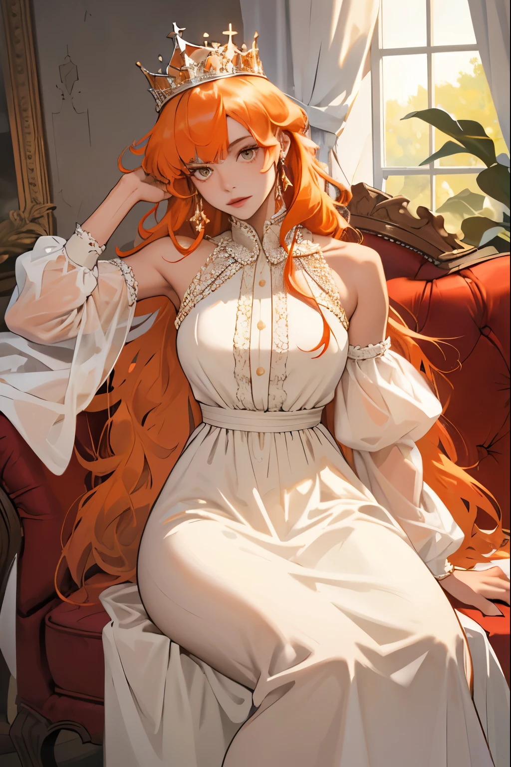 (masterpiece, highest quality), 1 Girl, alone, (Queen:1.15), Orange Hair, Long Hair, curtain, White Dress, Queen&#39;s Dress, Aurora, (sunlight, null, river, forest), Expressionless, Red eyes, (Art Nouveau:1.2), Alphonse Mucha, tiara, (Face focus, Upper Body), (Red Throne:1.12), Very intricate details, Realistic Light, smile