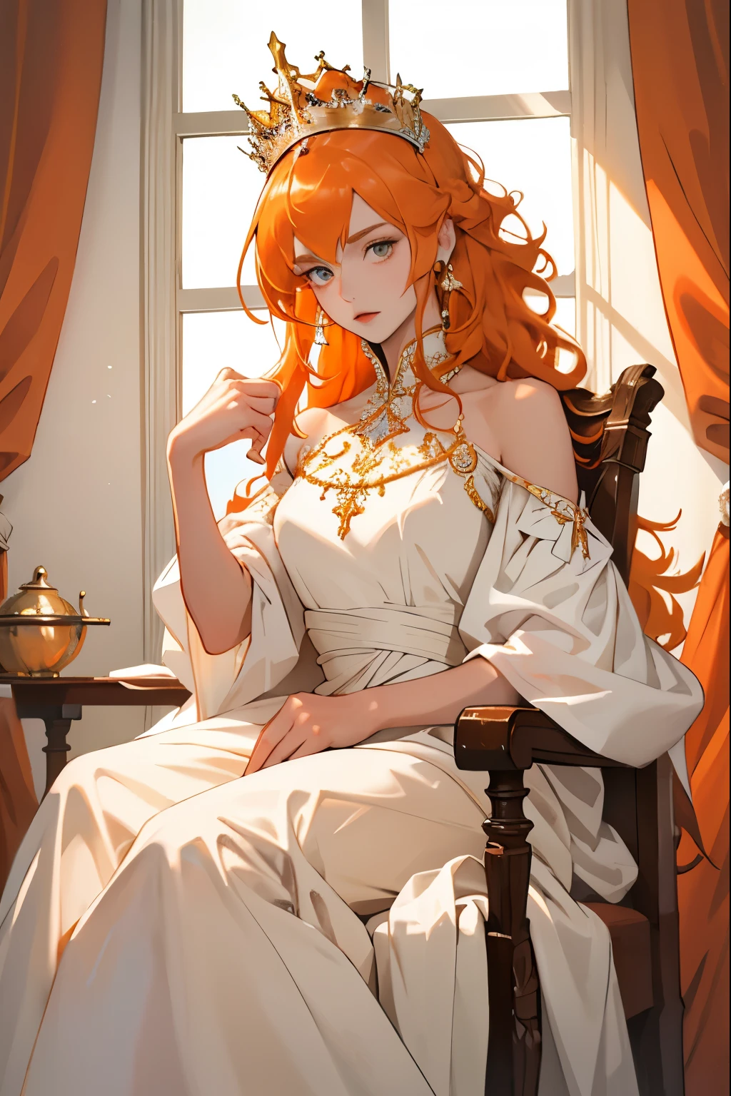 (masterpiece, highest quality), 1 Girl, alone, (Queen:1.15), Orange Hair, Long Hair, curtain, White Dress, Queen&#39;s Dress, Aurora, (sunlight, null, river, forest), Expressionless, Red eyes, (Art Nouveau:1.2), Alphonse Mucha, tiara, (Face focus, Upper Body), (Red Throne:1.12), Very intricate details, Realistic Light, smile