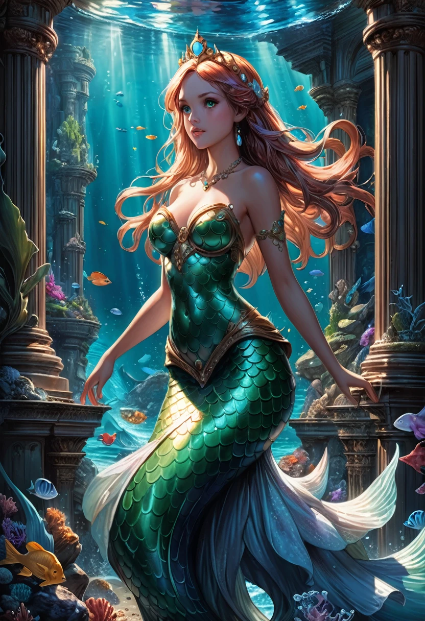 Mermaid Princess, macro mermaid princess swimming in the ocean; Epic cinematic brilliant stunning intricate meticulously detailed dramatic atmospheric maximalist digital matte painting Mark Brooks and Dan Mumford, comic book art, perfect, smooth oil painting by James Gurney trending on Artstation Unreal Engine 5 3D shading shadow depth volumetric lighting