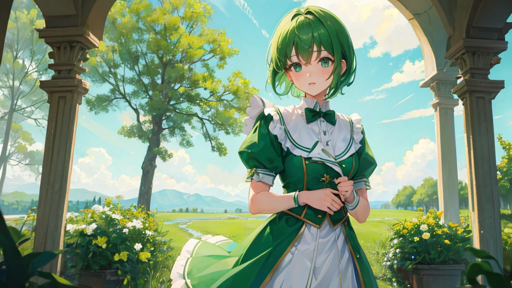 girl with green short hair, green and white school royal clothes, cute girl, leave, sky, 8k resolution