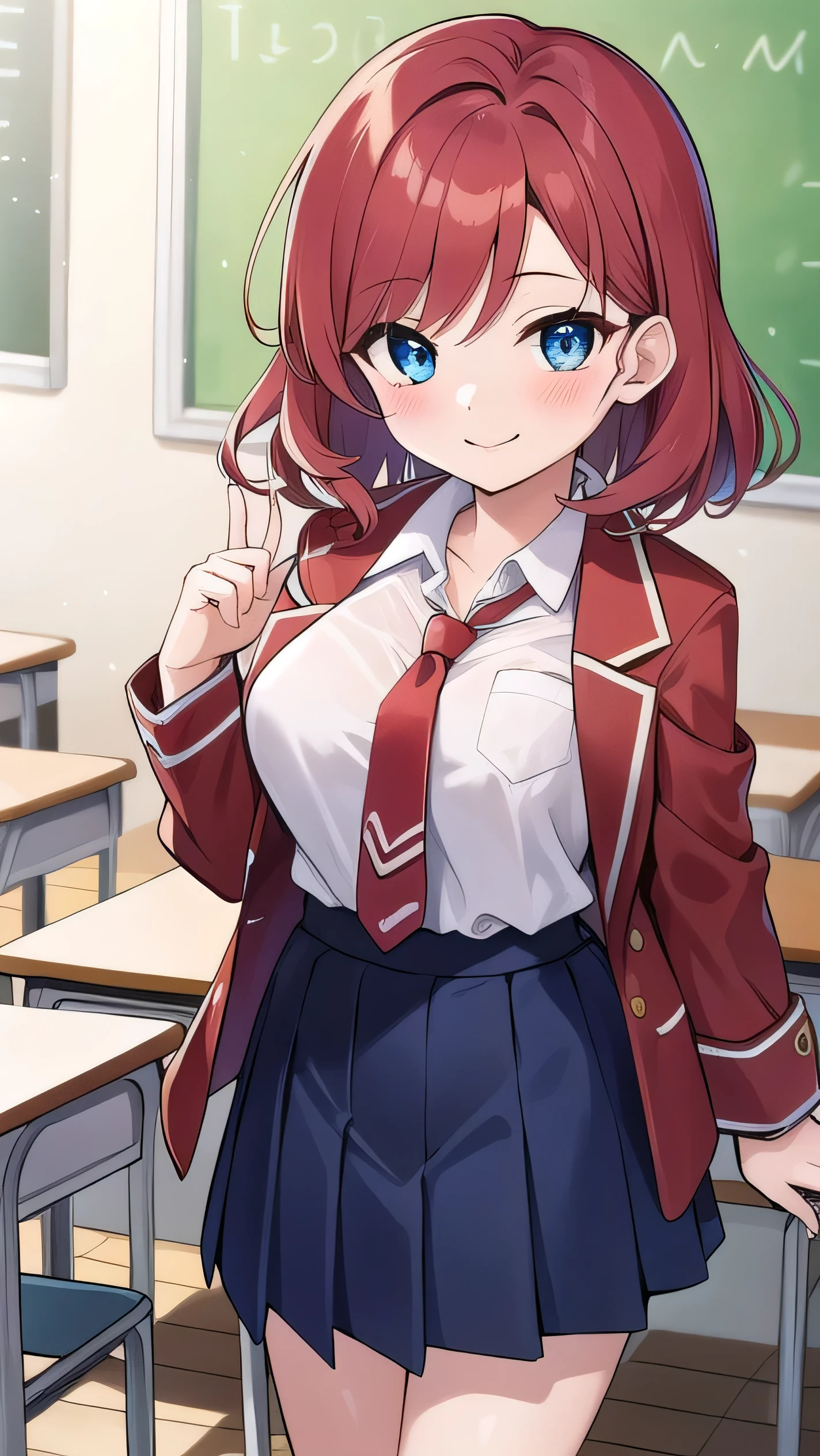 Big breasts, red hair, blue eyes, droopy eyes, red jacket, long sleeves, navy skirt, elementary school student, super big breasts, (medium hair: 1.1), baggy clothes, elementary school student, young face, short height, 10 years old, old, shy A shy guy, smiling a little, in the classroom, trying to open the buttons of his shirt, white shirt, red tie,straight hair