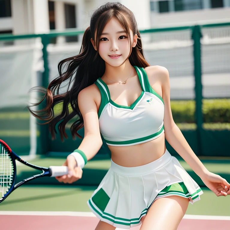 Photo-realistic quality、A 20-year-old idol wearing a white top and green skort and swinging a tennis racket, A girl playing tennis, Tennis Wear, Japanese model playing tennis, West Shot, looking at the camera、Detailed and beautiful eyes、Cute Smile、A soft and gentle look