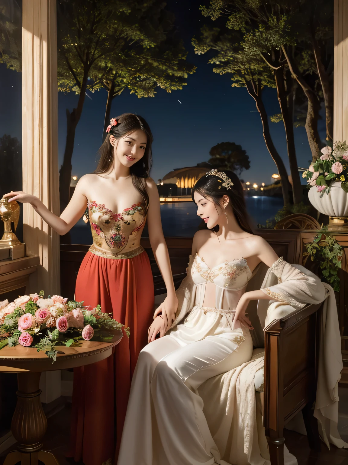 Giorgione painting style,Arguments of two female Philosophe,math、astronomical machine、astronaut、roses in vase、fruits、Cute trinkets、smile、ancient greek costume、Background is a forest lake at night 、Clothes that stretch your shoulders、A big smile、beautiful bare skin、A detailed representation of the seducing woman throughout her body.