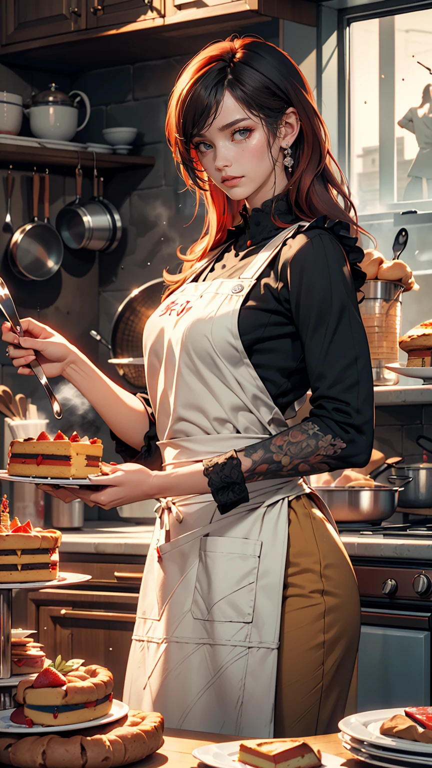 Woman with tattoos, (([red|black] hair)), long hair, wearing a black apron,  cooking, View the viewer, kitchen, Cakes and pies on the background,  indoor, (Calm tone:1.0), (High resolution:1.25), (Art Station:1.2), dramatic, (Intricate details:1.14), (Ultra-realistic 3D rendering:1.16), (Movie:0.55), (Rutkowski:1.1), (Faded:1.3)