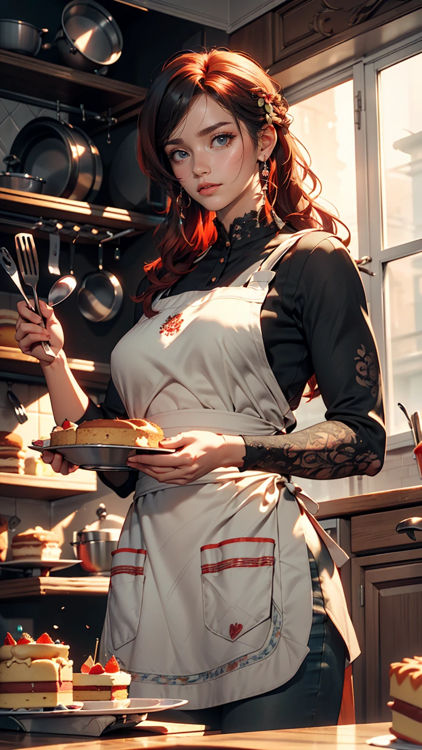 Woman with tattoos, (([red|black] hair)), long hair, wearing a black apron,  cooking, View the viewer, kitchen, Cakes and pies on the background,  indoor, (Calm tone:1.0), (High resolution:1.25), (Art Station:1.2), dramatic, (Intricate details:1.14), (Ultra-realistic 3D rendering:1.16), (Movie:0.55), (Rutkowski:1.1), (Faded:1.3)