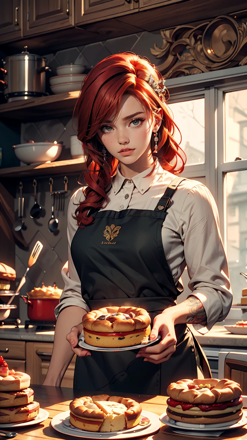 Woman with tattoos, (([red|black] hair)), long hair, wearing a black apron,  cooking, View the viewer, kitchen, Cakes and pies on the background,  indoor, (Calm tone:1.0), (High resolution:1.25), (Art Station:1.2), dramatic, (Intricate details:1.14), (Ultra-realistic 3D rendering:1.16), (Movie:0.55), (Rutkowski:1.1), (Faded:1.3)