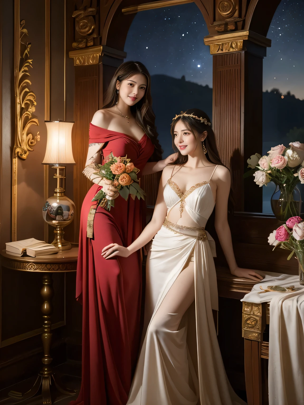Giorgione painting style,Arguments of two female Philosophe,math、astronomical machine、astronaut、roses in vase、fruits、Cute trinkets、smile、ancient greek costume、Background is a forest lake at night 、Clothes that stretch your shoulders、A big smile、beautiful bare skin、A detailed representation of the seducing woman throughout her body.