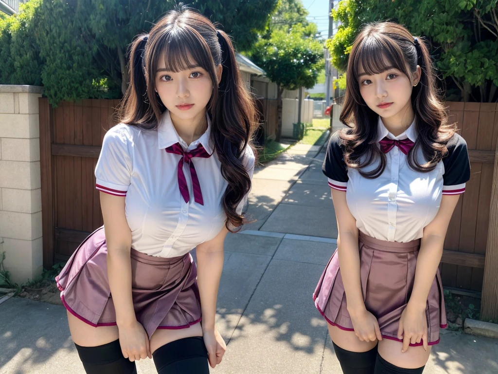 master piece, best quality, illustration, Super detailed, fine details, High resolution, 8K,wall paper, perfect dynamic composition,(Details High quality, realistic depiction of eyes:1.3), (2girls), standing, short hair, (wavy hair:1.2), (short sleeve collared dress shirt,tight skirt,thighhighs,zettai ryouiki:1.4), black hair color, Big Natural Color Lip, bold sexy pose, crying a little, Harajuku style、acrobatic pose, 20 year old girl、cute type、lolita、beautiful legs, gravure idol, Japanese idol, huge breasts
