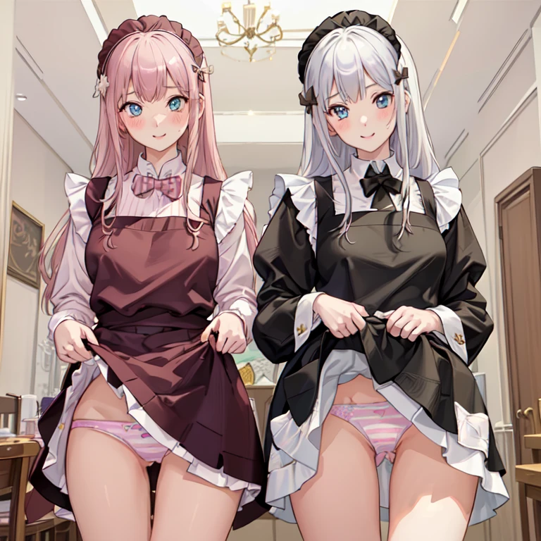 highest quality、masterpiece、((2 girls:1.5))、((smile:1.3))、(blush:1.3)、Black Shirt、blouse、((fun!!))、(Small breasts)、()、Blonde、(Long sleeve)、((White apron:1.5))、((Maid))、((hair ornaments)),、Kamimei、look at me、 ((in house:1.5))、 Taking a break from watching the audience、Cowboy Shot、(Skirt lift:1.3),(Highly detailed pink striped panties:1.3)、(Highly detailed panties:1.3)、、(スカート that rolls up:1.3)、(Panties fully exposed:1.5)、Light blue eyes、long hair、Glowing Eyes