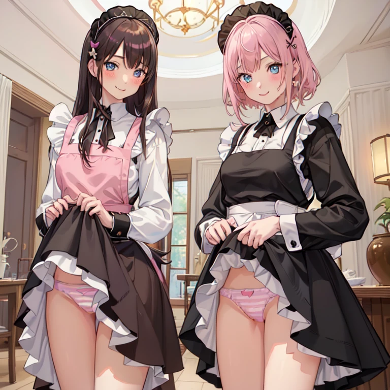 highest quality、masterpiece、((2 girls:1.5))、((smile:1.3))、(blush:1.3)、Black Shirt、blouse、((fun!!))、(Small breasts)、()、Blonde、(Long sleeve)、((White apron:1.5))、((Maid))、((hair ornaments)),、Kamimei、look at me、 ((in house:1.5))、 Taking a break from watching the audience、Cowboy Shot、(Skirt lift:1.3),(Highly detailed pink striped panties:1.3)、(Highly detailed panties:1.3)、、(スカート that rolls up:1.3)、(Panties fully exposed:1.5)、Light blue eyes、long hair、Glowing Eyes
