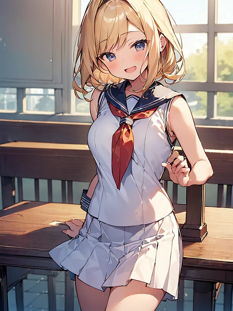 (Masterpiece, Top quality: 1.5), (long Sailor suit, Pleated Skirt, sleeveless:1.4), 1 beautiful girl, solo, blond hair, medium hair, wave hair, (:1.2), big breasts, standard weight, smile:1.2, blush:1.2, open mouth, dynamic pose, beautiful scene of classroom