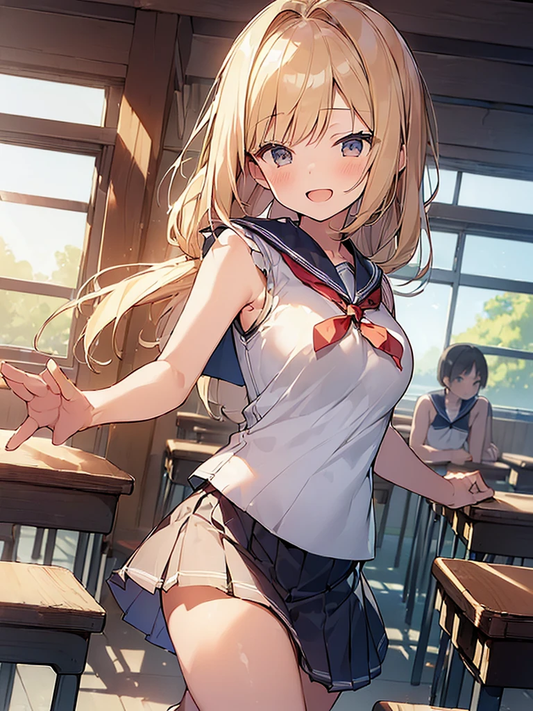 (Masterpiece, Top quality: 1.5), (long Sailor suit, Pleated Skirt, sleeveless:1.4), 1 beautiful girl, solo, blond hair, medium hair, wave hair, (junior high school student:1.2), big breasts, standard weight, smile:1.2, blush:1.2, open mouth, dynamic pose, beautiful scene of classroom