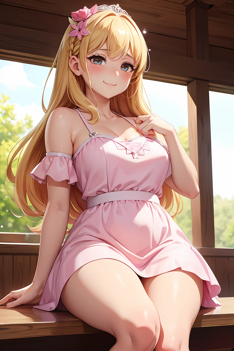 1 Girl, ((On the table)),((best quality)),Extremely detailed,Implications,clearly,beautiful body,beautiful nose,beautiful character design,Perfect eyes,Perfect face,wallpaper,Ultra-high resolution, 4k,photography,((beautiful, Big guy)),(beautiful face:1.2),beautiful legs, Sakuma Mayu, shiny skin,Anime Screenshots,Official style, 1 Girl, Solitary, Arrogant smile, sunny,daytime, looking at the audience, View, delicate eyes, Complex hairstyle、Drooping eyes、(Pink princess dress), Keep your eyes open, crazy smile, Empty eyes, View cowgirl, Sweat, 飞扬的Sweat珠, Cross your hands behind you, I'I看著你, View, (30 years old), in the living room, Natural breasts, , Mature woman, exposed, Expose yourself, (posture), (exposed nipples), (Exposed breasts), (reveal) (((Large Breasts、Breast sagging、Low-cut,Cleavage,Wide hips,))((Hourglass figure))