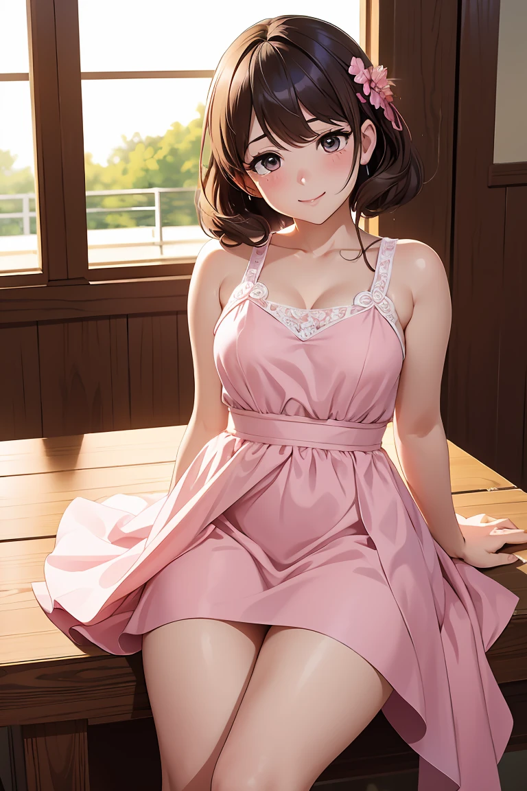 1 Girl, ((On the table)),((best quality)),Extremely detailed,Implications,clearly,beautiful body,beautiful nose,beautiful character design,Perfect eyes,Perfect face,wallpaper,Ultra-high resolution, 4k,photography,((beautiful, Big guy)),(beautiful face:1.2),beautiful legs, Sakuma Mayu, shiny skin,Anime Screenshots,Official style, 1 Girl, Solitary, Arrogant smile, sunny,daytime, looking at the audience, View, delicate eyes, Complex hairstyle、Drooping eyes、(Pink princess dress), Keep your eyes open, crazy smile, Empty eyes, View cowgirl, Sweat, 飞扬的Sweat珠, Cross your hands behind you, I&#39;I看著你, View, (30 years old), in the living room, Natural breasts, , Mature woman, exposed, Expose yourself, (posture), (exposed nipples),  (Exposed breasts), (reveal) (((Large Breasts、Breast sagging、Low-cut，Cleavage，Wide hips,))((Hourglass figure))