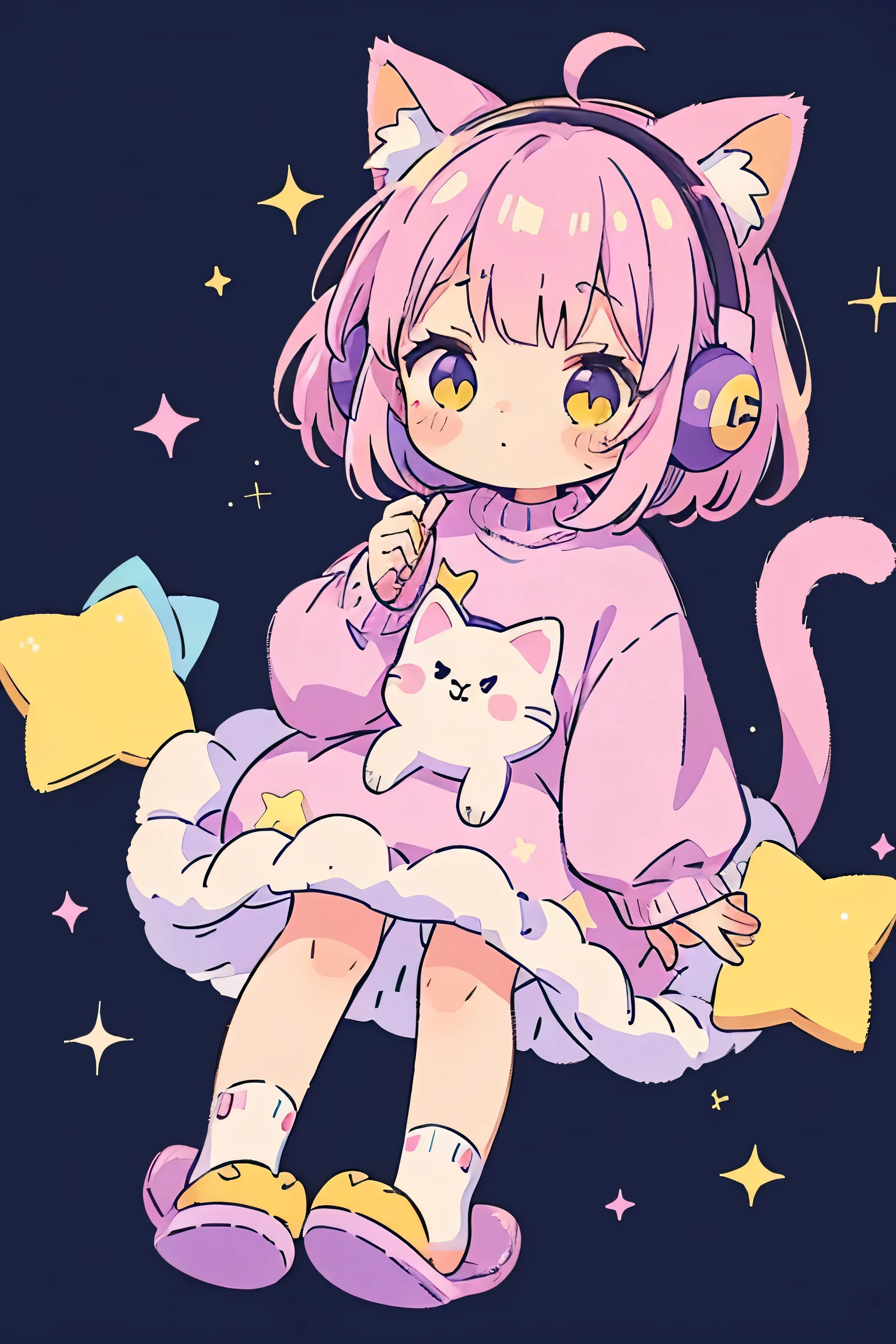 Cat Girl, Solo, Fluffy clothes, Sweaters, sleeves, sox, Slippers, Pastel colors, (Purple, Blue, Pink, yellow), Cozy, Dreamy, Stars, a sticker, Bubbles, Glitter, brilliance, plushies, headphones,most beautiful girl ever、Chibi, Colorful bob hair