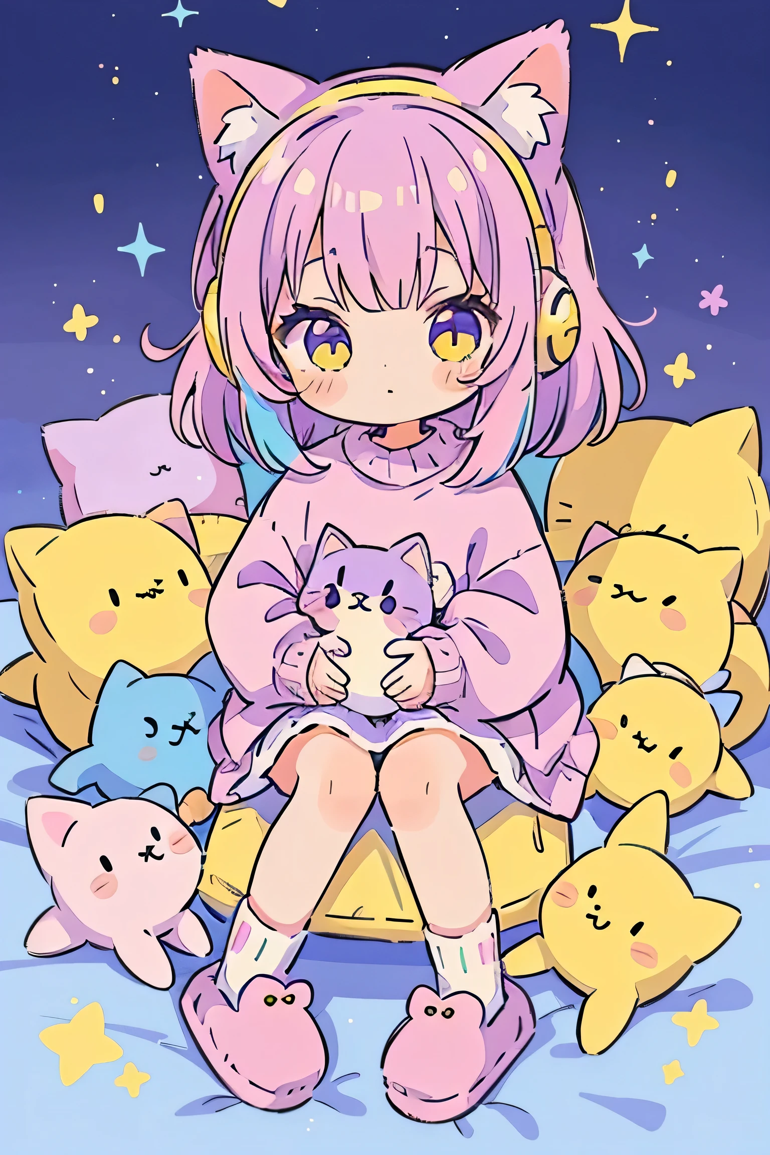 Cat Girl, Solo, Fluffy clothes, Sweaters, sleeves, sox, Slippers, Pastel colors, (Purple, Blue, Pink, yellow), Cozy, Dreamy, Stars, a sticker, Bubbles, Glitter, brilliance, plushies, headphones,most beautiful girl ever、Chibi, Colorful bob hair