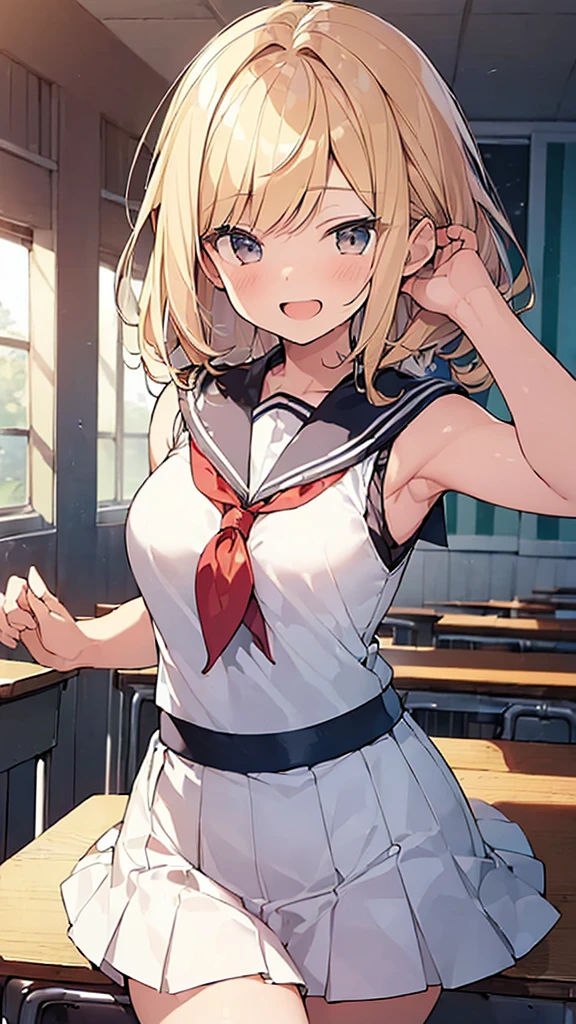 (Masterpiece, Top quality: 1.5), (long Sailor suit, Pleated Skirt, sleeveless:1.4), 1 beautiful girl, solo, blond hair, medium hair, wave hair, (junior high school student:1.2), big breasts, standard weight, smile:1.2, blush:1.2, open mouth, dynamic pose, beautiful scene of classroom