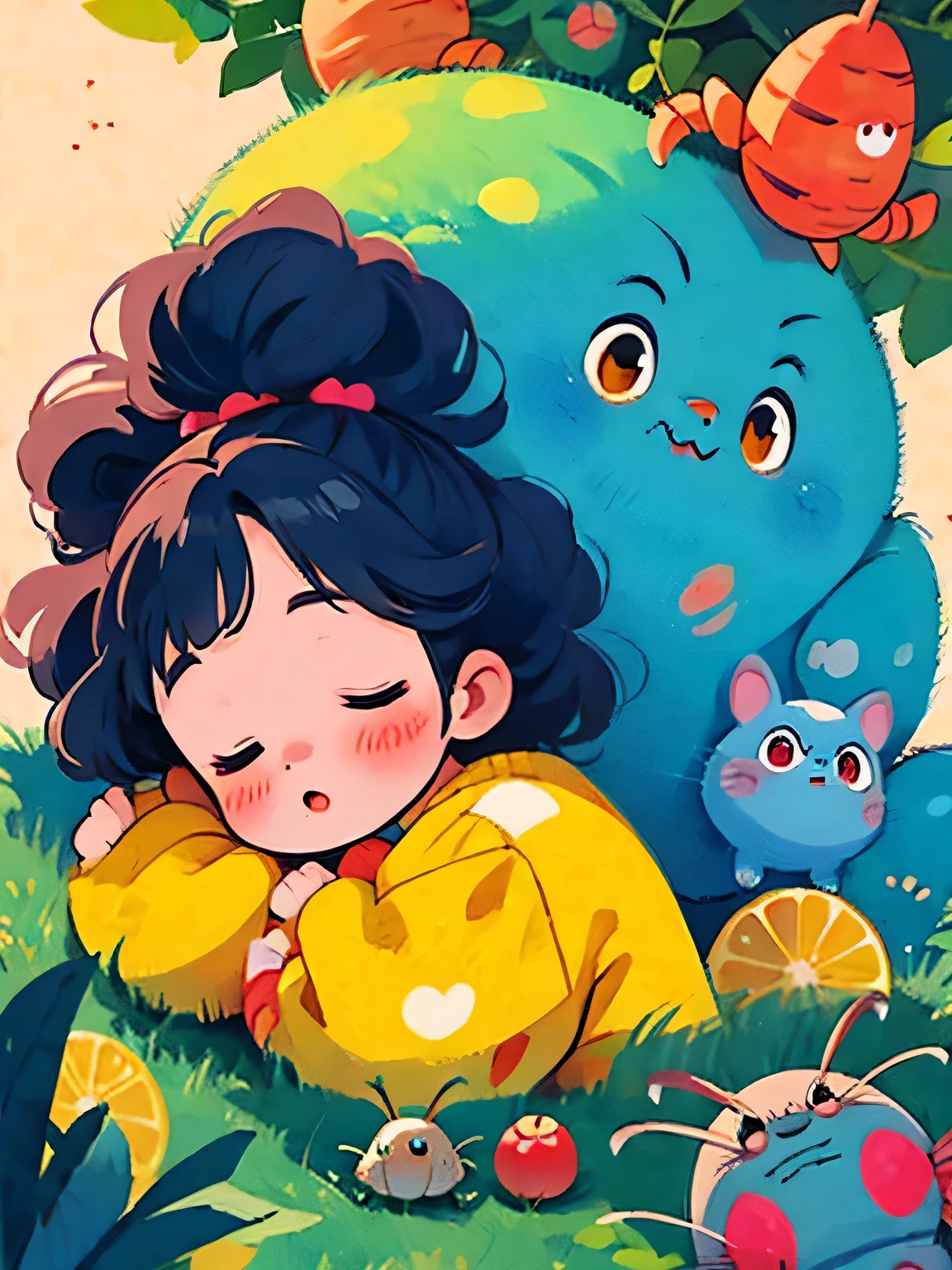 hayao miyazaki style, Kawaii Design, The most beautiful girl of all time、Chibi, Cute and colorful pillbugs、Taking a nap、Lots of pillbugs、Totoro Forest