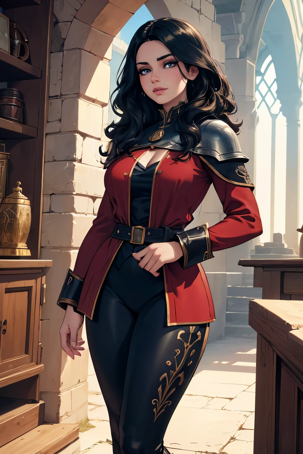 a detailed portrait of a confident 20 year old woman with black medium wavy hair, black eyes, wearing a red fabric outfit, looking like a medieval adventurer mage in a castle setting, detailed clothing, leggings, boots, (best quality,4k,8k,highres,masterpiece:1.2),ultra-detailed,(realistic,photorealistic,photo-realistic:1.37),detailed facial features, beautiful detailed eyes, beautiful detailed lips, extremely detailed eyes and face, long eyelashes, medieval, fantasy, adventurer, mage, castle, confidence, dramatic lighting