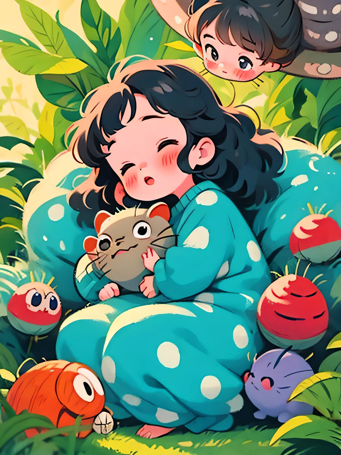 hayao miyazaki style, Kawaii Design, The most beautiful girl of all time、Chibi, Cute and colorful pillbugs、Taking a nap、Lots of pillbugs、Totoro Forest