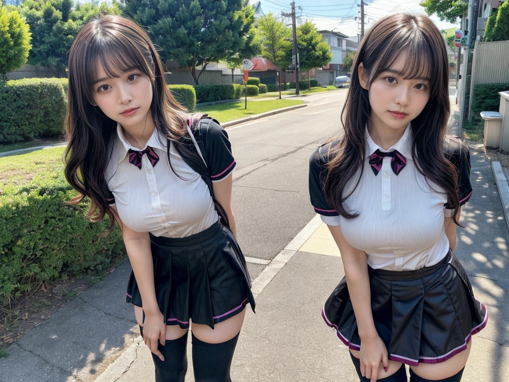 master piece, best quality, illustration, Super detailed, fine details, High resolution, 8K,wall paper, perfect dynamic composition,(Details High quality, realistic depiction of eyes:1.3), (2girls), standing, short hair, (wavy hair:1.2), (short sleeve collared dress shirt,tight skirt,thighhighs,zettai ryouiki:1.4), black hair color, Big Natural Color Lip, bold sexy pose, crying a little, Harajuku style、acrobatic pose, 20 year old girl、cute type、lolita、beautiful legs, gravure idol, Japanese idol, huge breasts