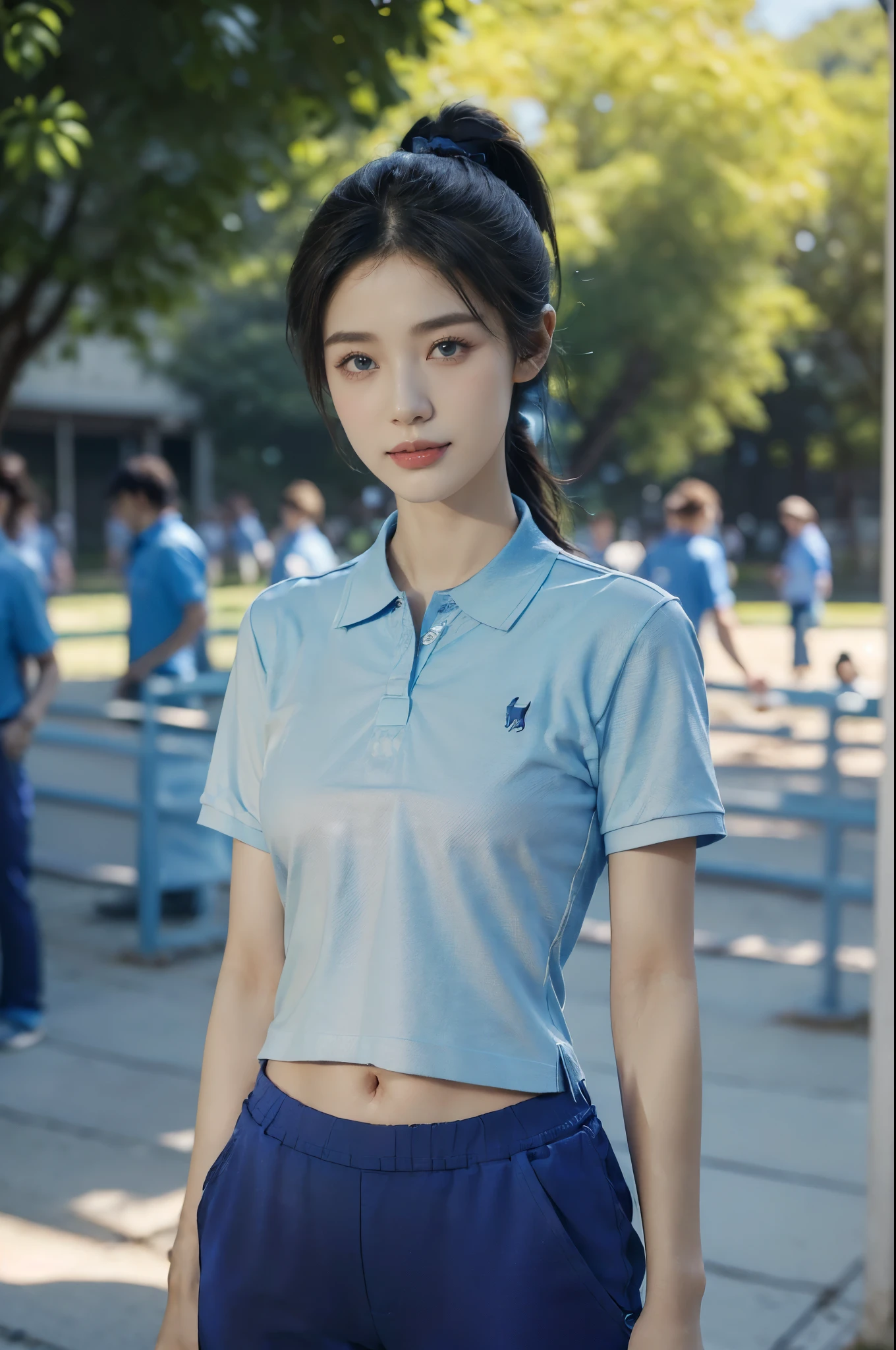 (Extremely meticulous CG),(((8k))),wallpaper,((Extremely refined and beautiful)),(((Masterpiece))),(((best qualtiy))),(((Ultra High Resolution))),beautiful light up,realistic shaded,(Smooth and flawless fair skin:1.5),(Extremely exquisite facial details:1.2),(ultra-detailed:1.5),((a beautiful girl,solo)),(short ponytail:1.2),(small head:1.2),(slender face:1.2),(Exquisite makeup:1.3),(happy:1.2),(laughing:1.2),(perfect body:1.1),(blue collar:1.3),(short sleeves:1.2),(polo shirt:1.5),(small breasts:1.2),(flat chest:1.2),(blue sports pants:1.5),((slim,thin)),(from front:1.3),(standing:1.3),(at the schoolgate:1.3),(outdoor:1.2),(early summer:1.3),(day scene:1.5),(Sunny:1.3),(surrounded by crowded crowds:1.3),(upper body:1.3)