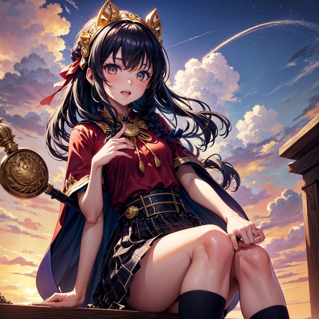 Dark Blue Hair、Golden Eyes、Braid、One good looking girl、solo、anime、Checkered mini skirt、Ruffles on the skirt、Red T-shirt、Cape、Gothic、Black knee-high socks、bandana、Wearing a ribbon、Ribbon on waist、Tilting face、Teeth are visible、Sunset sky、Piercing the clouds、Contrail、tree、Touching your face、lotus leaves、Cumulonimbus、Pillar of Light、Magic wand、Sitting on a golden treasure chest、I'm pounding、Crystal Fire