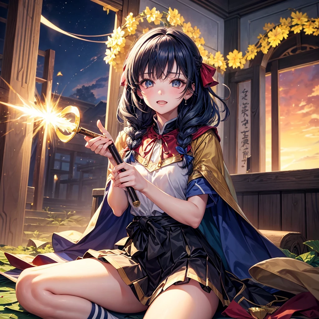 Dark Blue Hair、Golden Eyes、Braid、One good looking girl、solo、anime、Checkered mini skirt、Ruffles on the skirt、Red T-shirt、Cape、Gothic、Black knee-high socks、bandana、Wearing a ribbon、Ribbon on waist、Tilting face、Teeth are visible、Sunset sky、Piercing the clouds、Contrail、tree、Touching your face、lotus leaves、Cumulonimbus、Pillar of Light、Magic wand、Sitting on a golden treasure chest、I'm pounding、Crystal Fire