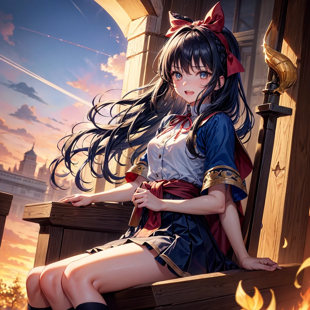 Dark Blue Hair、Golden Eyes、Braid、One good looking girl、solo、anime、Checkered mini skirt、Ruffles on the skirt、Red T-shirt、Cape、Gothic、Black knee-high socks、bandana、Wearing a ribbon、Ribbon on waist、Tilting face、Teeth are visible、Sunset sky、Piercing the clouds、Contrail、tree、Touching your face、lotus leaves、Cumulonimbus、Pillar of Light、Magic wand、Sitting on a golden treasure chest、I'm pounding、Crystal Fire